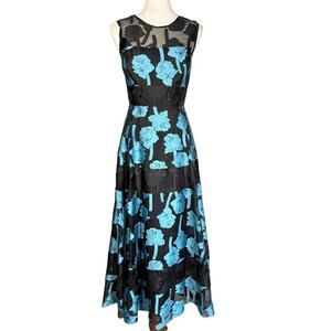 Lela Rose Silk Blend Blue Floral Tiered Chiffon Full Skirt Dress Size 2